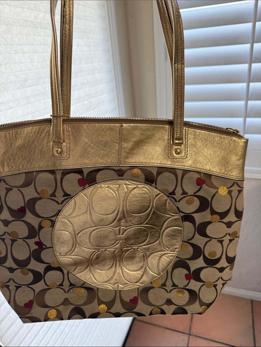 Coach Gold Leather-Trim Signature Tote with Heart Motif